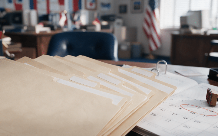 Manila folders with blank tabs fanned across a desk next to a calendar with one date circled in red and a rubber stamp