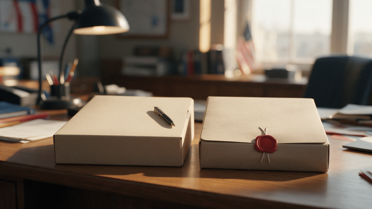 Two office folders side by side, one plain with a pen and one sealed with a red wax seal, representing a name filing next to a formal LLC registration