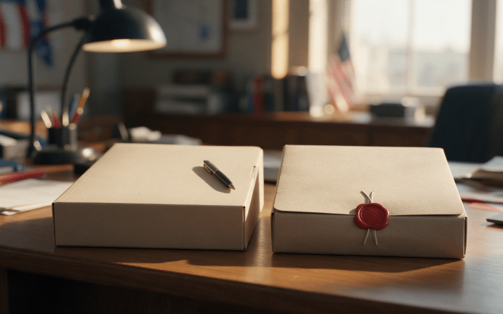 Two office folders side by side, one plain with a pen and one sealed with a red wax seal, representing a name filing next to a formal LLC registration